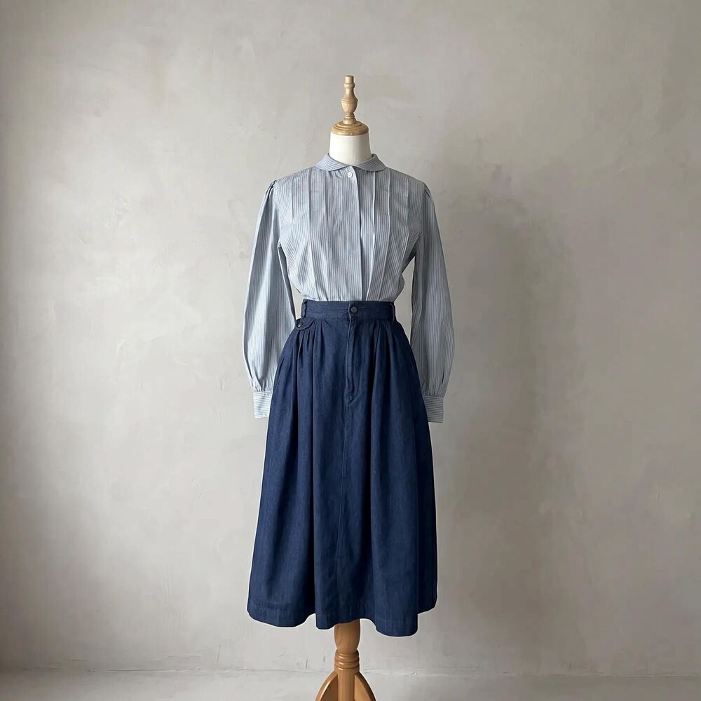 Ralph Lauren c. 1980s Pleated Peter Pan Blouse in Provence Blue Stripe | 4
